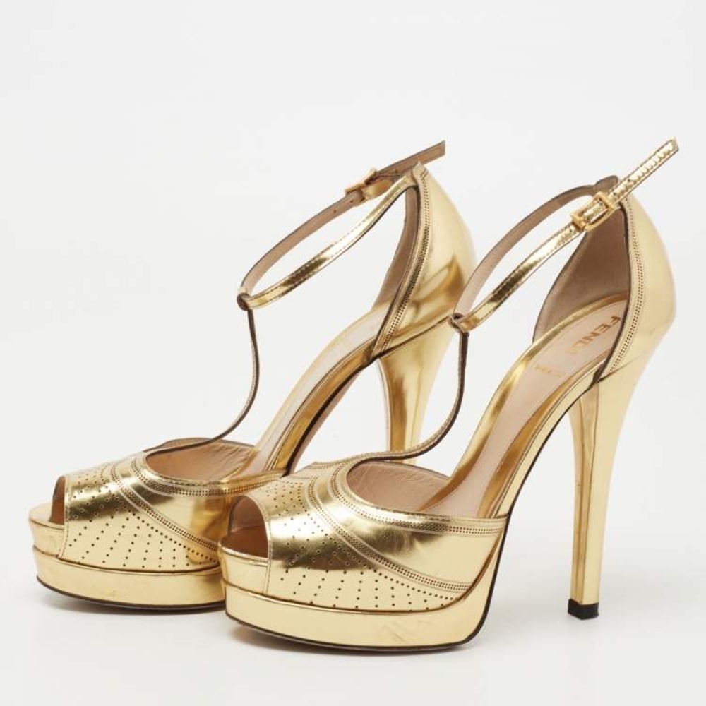Fendi Womens Gold Perforated High Heel Platform Sandals Size EUR 36